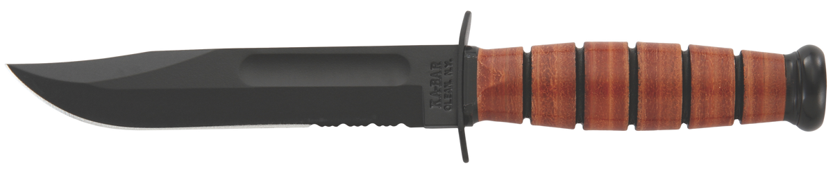 Ka-Bar 1252 USMC Short 5.25" Clip Point Part Serrated 1095 Cro-Van Fixed Blade Knife - Brown Leather Handle
