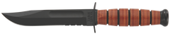 Ka-Bar 1252 USMC Short 5.25" Clip Point Part Serrated 1095 Cro-Van Fixed Blade Knife - Brown Leather Handle
