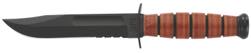 Ka-Bar 1252 USMC Short 5.25" Clip Point Part Serrated 1095 Cro-Van Fixed Blade Knife - Brown Leather Handle