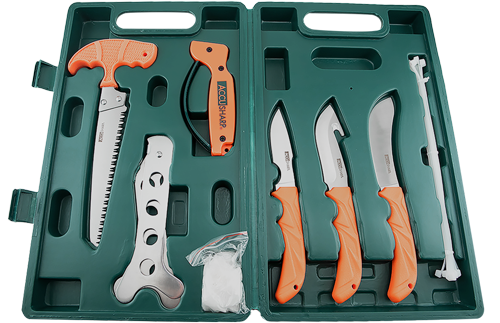 AccuSharp 728C Game Processing Kit - Butcher/Caper/Gut-Hook/Bone Saw + Ribcage Spreader Stainless Steel Orange FRN