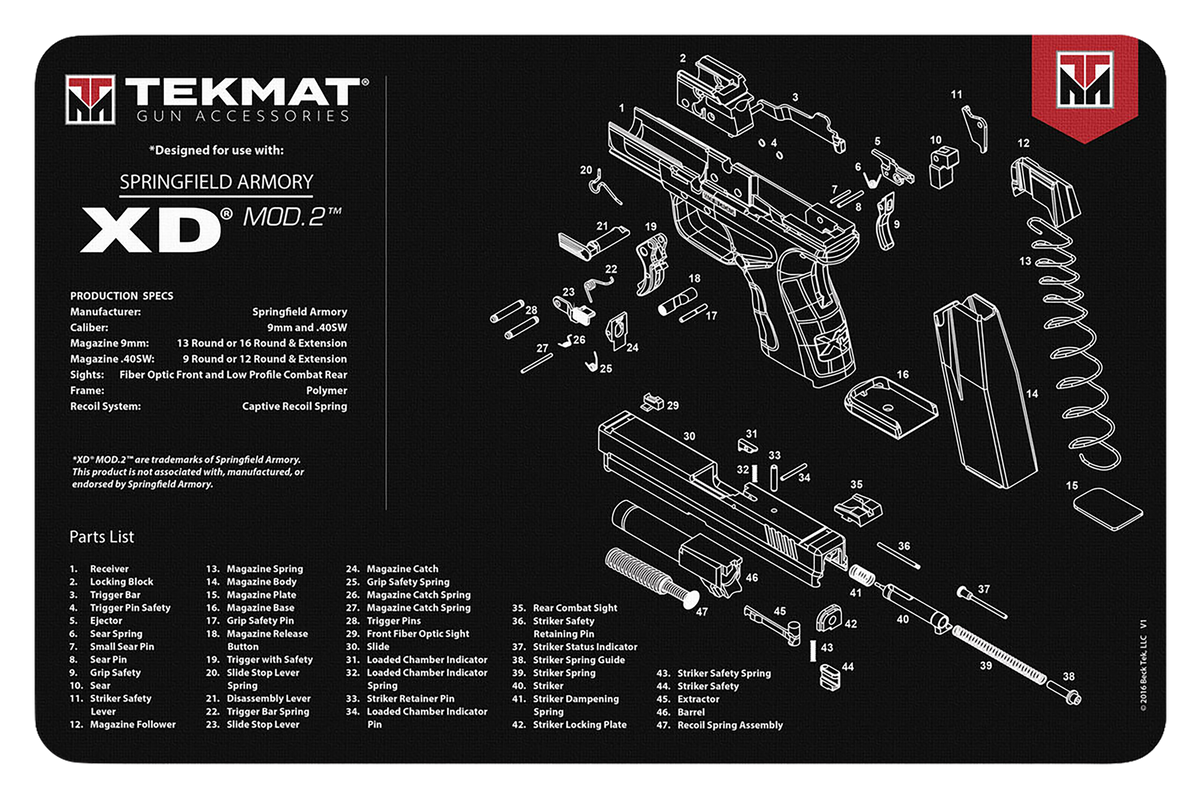 TekMat Springfield Armory XD MOD 2 11"x17" Cleaning Mat - Black/White Rubber Parts Diagram