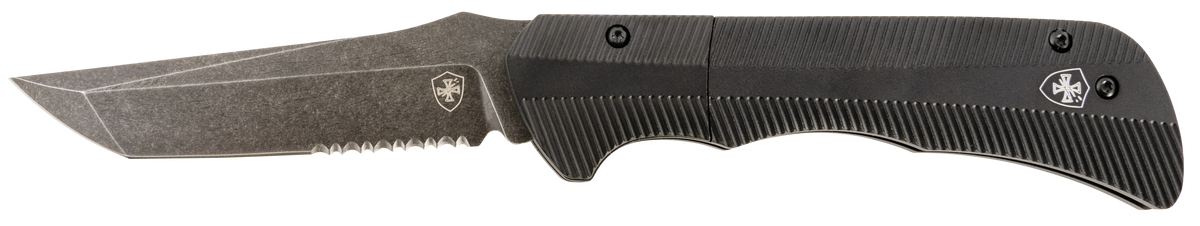 Templar Knife Auto Assist 3.50" Folding Tanto Part Serrated D2 Steel Black Oxide Stonewashed Powder Coated Blade 4.25" Aged Aluminum Handle