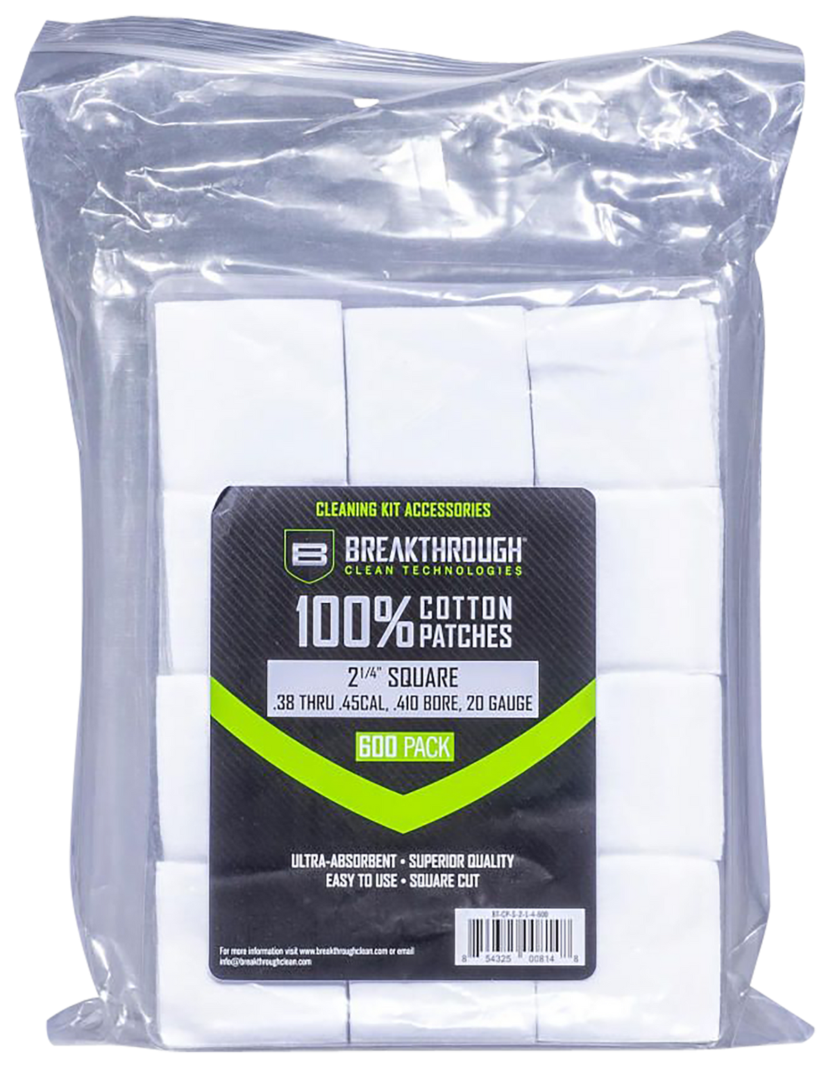 Breakthrough Clean Square Cleaning Patches 2.25" Cotton .38-.45 Cal / .410-20 Ga 600-Pack