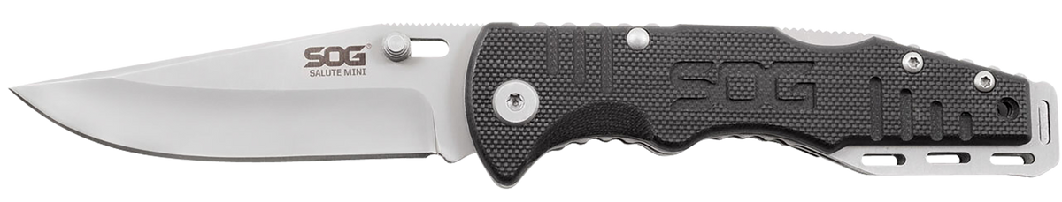 S.O.G Salute Mini 3.10" Folding Clip Point Plain Bead Blasted 8Cr13MoV SS Black G10 Knife