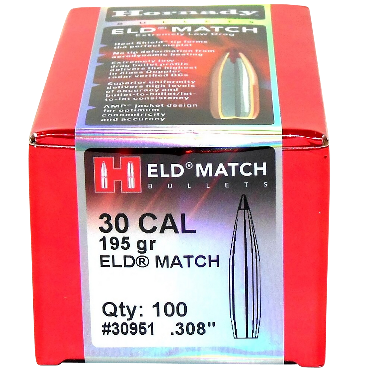 Hornady ELD Match 30 Cal .308 195 gr Polymer Tip Reloading Bullets - 100/Box