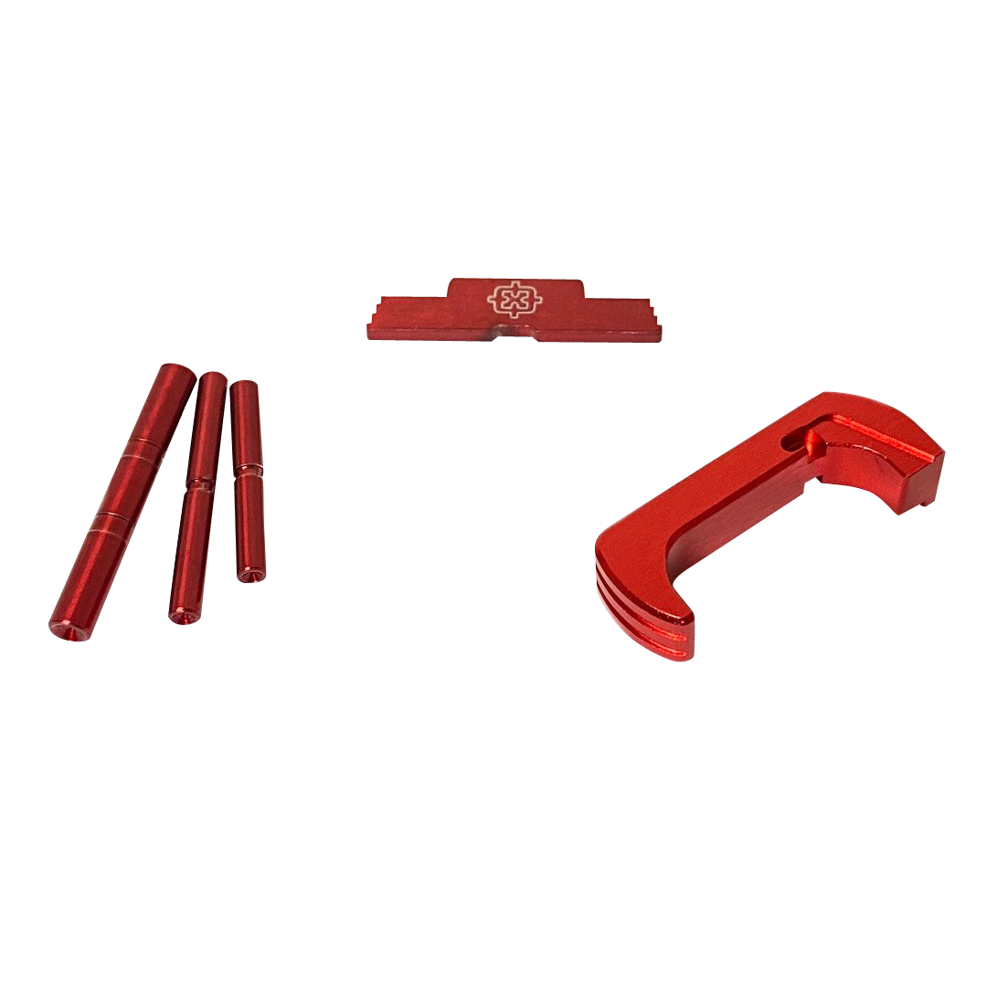 Cross Armory CRG5OKRD 3 Piece Kit Dimpled Pin Set, Extended Magazine Catch and Extended Slide Lock Glock 17/19/26/34 Gen5 Red Anodized Steel/Aluminum