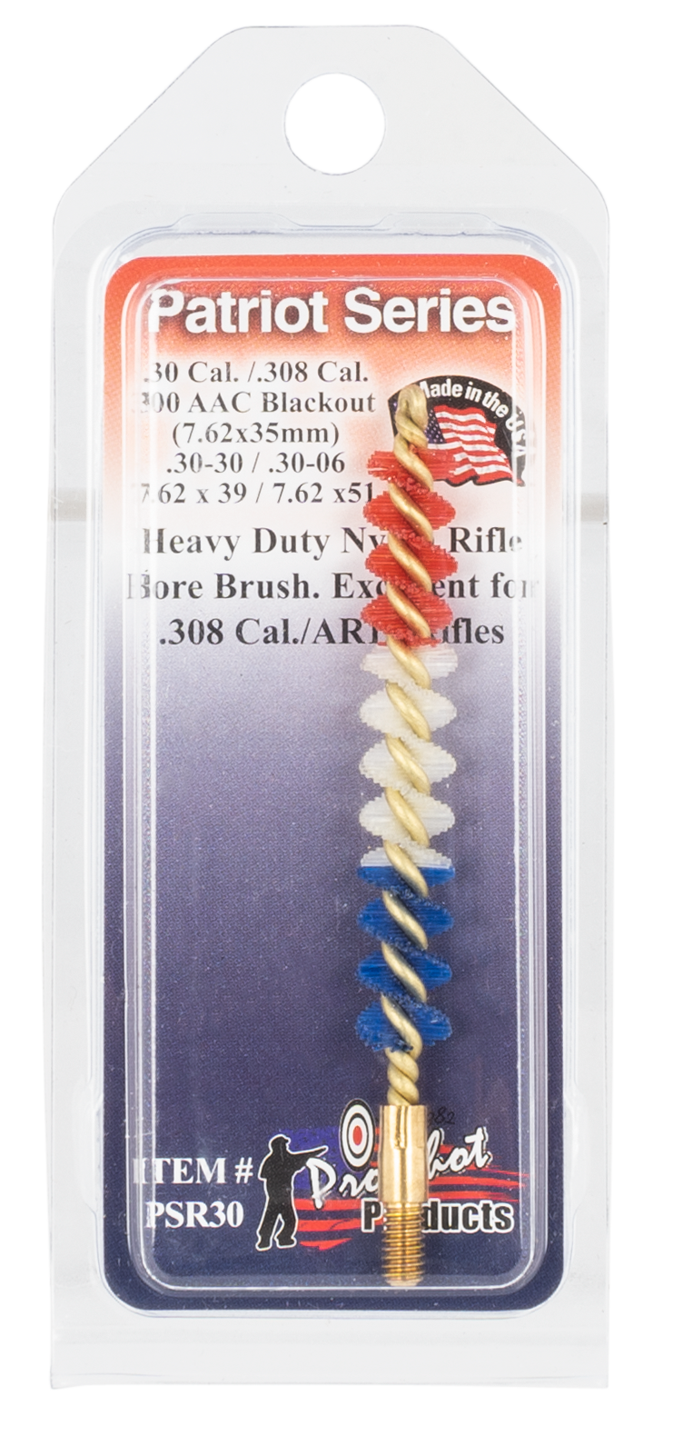 Pro-Shot PSR30 Patriot Series Bore Brush .30/.308/.300 Blackout/7.62mm Rifle #8-32 Thread Nylon Bristles Brass Core