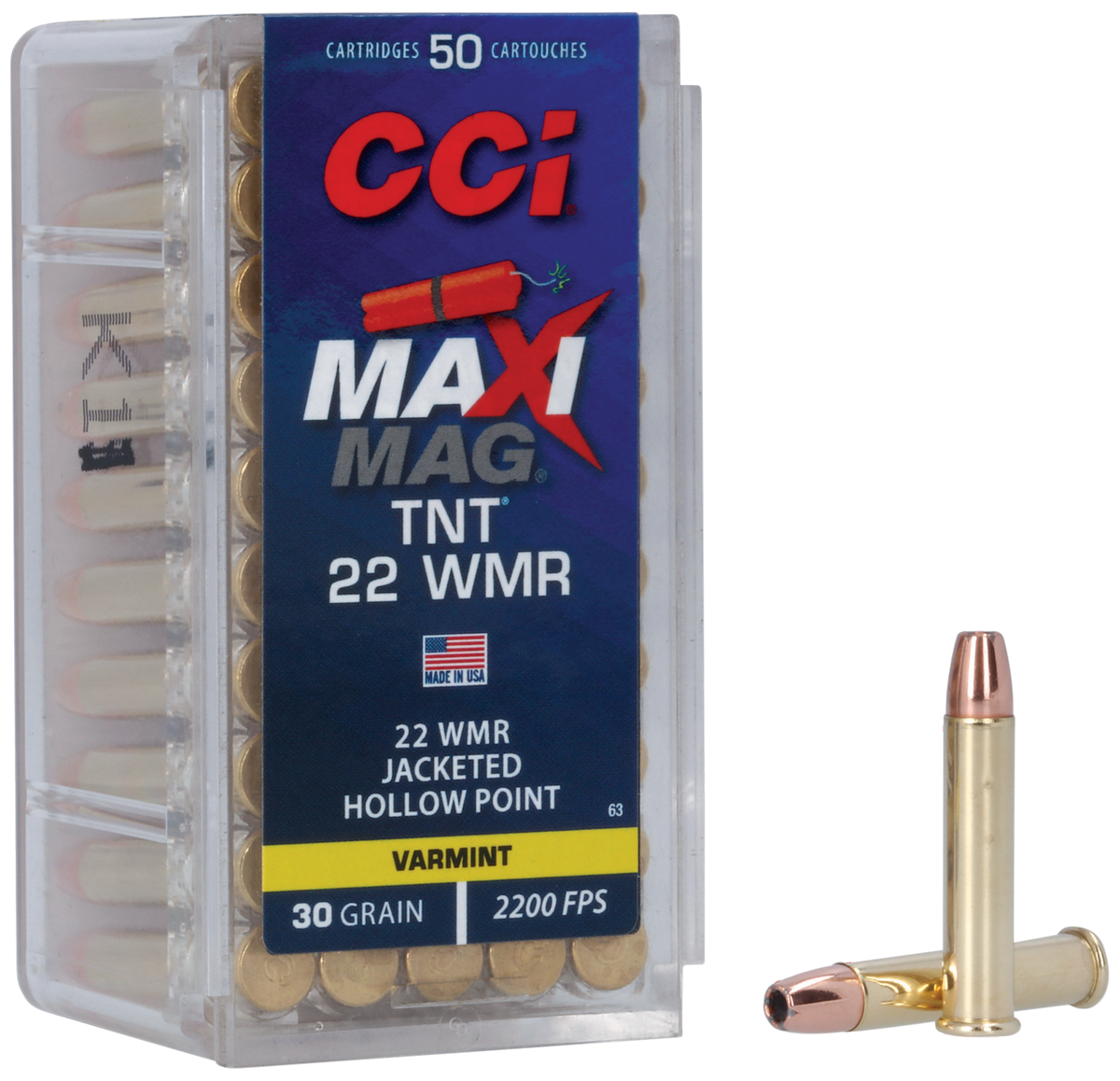 CCI 0063 Maxi-Mag TNT 22 WMR 30gr Jacketed Hollow Point 50 Bx/40 Cs - Box or Case