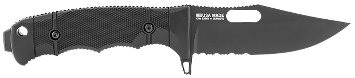 S.O.G Seal FX 4.30" Fixed Clip Point Part Serrated CPM S35VN Black Cerakote GRN Handle