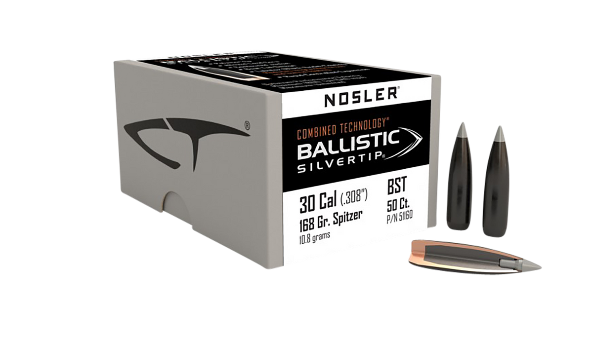 Nosler Ballistic Silvertip 30 Cal .308 168gr Spitzer Point Reloading Bullets - 50/Box