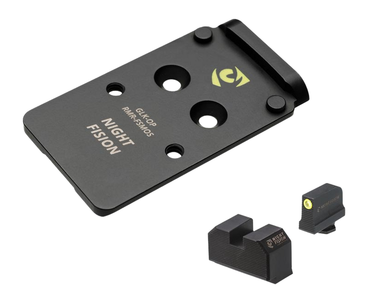Night Fision GLK-OPBS-RMR-MOS-YGZX Optic Plate + Backup Sights Combo - 17-4 Stainless Steel Black Nitride - Yellow Tritium Front / Blacked Out Rear - Fits Glock Full Size MOS 17/19/47 - RMR / 507C Footprint