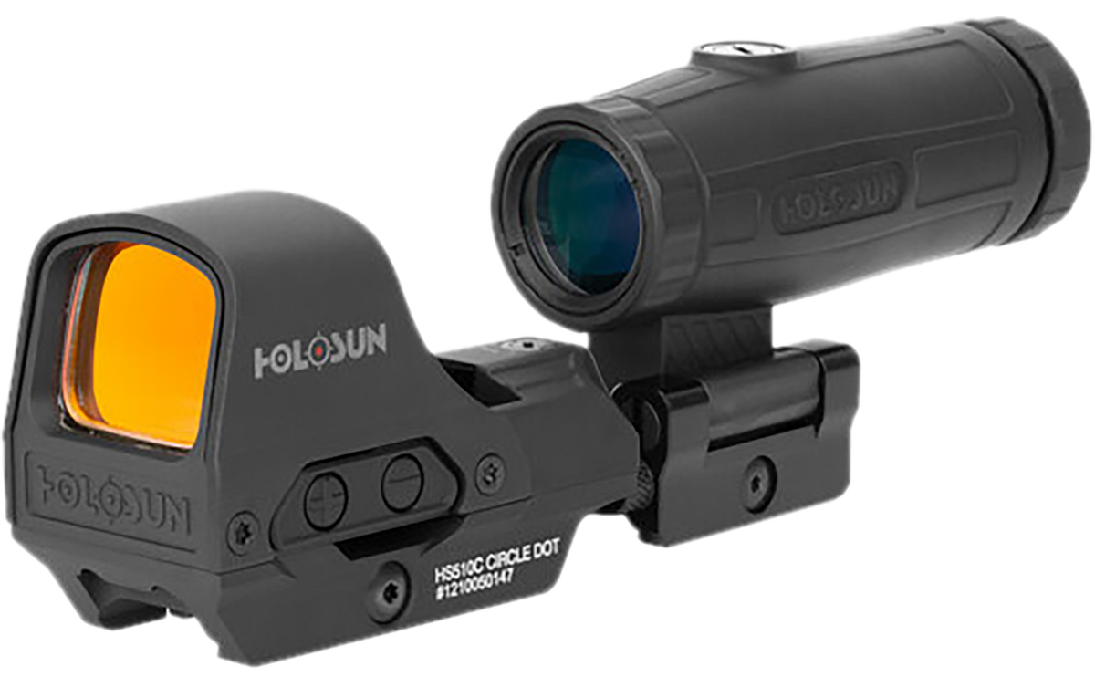 Holosun HE510C-GR/HM3X 1x/3x 0.91x1.26" 2 MOA Green Dot/65 MOA Green Circle Reflex Sight w/3x Magnifier Combo - Black Anodized