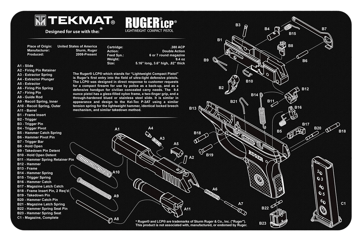 TekMat Ruger LCP Cleaning Mat 11\"x17\" Black/White Rubber - Parts Diagram