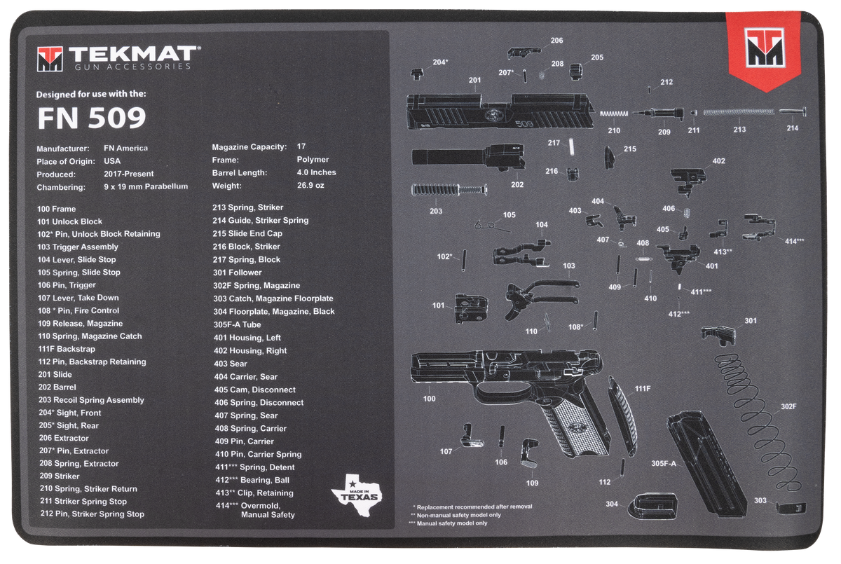 TekMat FN 509 Cleaning Mat 11x17 in Rubber Black/Gray w/ Parts Diagram