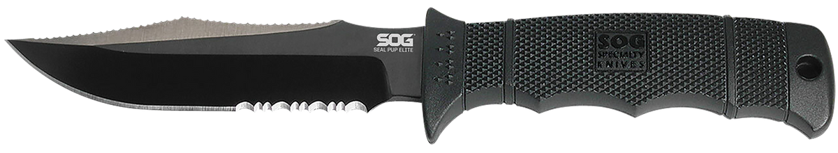 S.O.G Seal Pup Elite 4.85" Fixed Clip Point Part Serrated AUS-8A Black TiCN GRN Handle