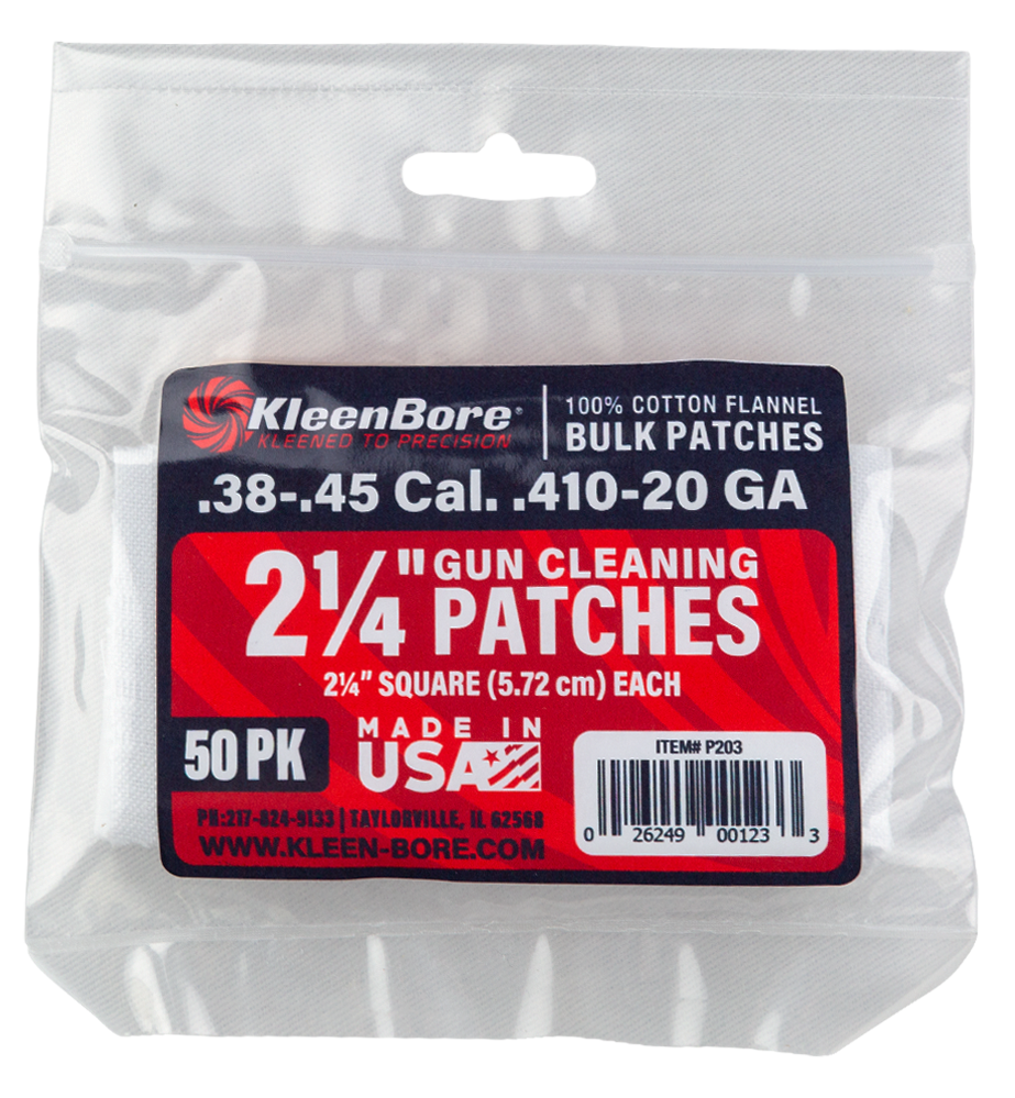 Kleen-Bore P203 Super Shooter .38-.45 Cal / 20 Gauge / .410 Bore 2.25" Cotton Flannel Cleaning Patches - 50 Pk