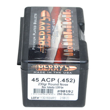 Berry's Superior Plated .45 Cal (.452) 230gr Round Nose Pistol Bullets - 250/Box