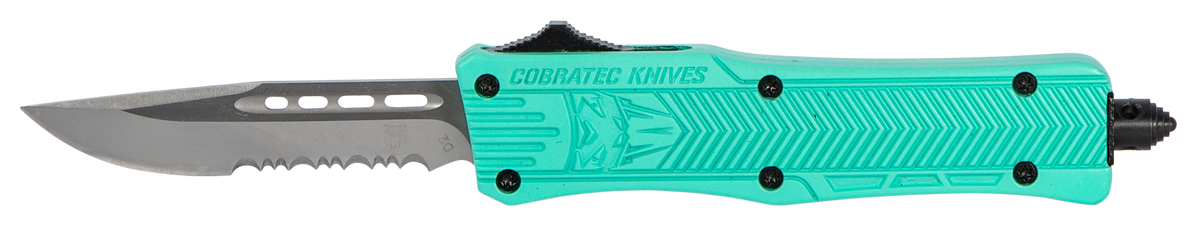 CobraTec Knives CTK-1 Small 2.75" OTF Drop Point Part Serrated D2 Steel Tiffany Blue Aluminum Handle