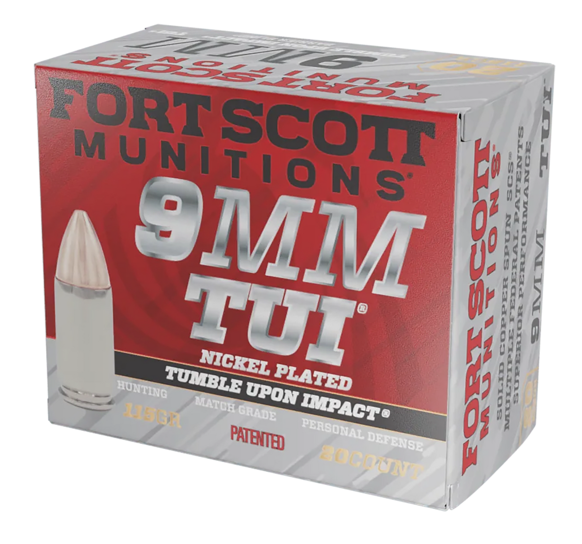 Fort Scott Munitions Tumble Upon Impact (TUI) 9mm Luger 115 gr Solid Copper Spun - Box or Case