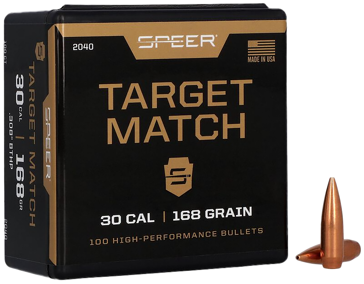 Speer Ammo 2040 Target Match .308 30 Cal 168gr Open Tip Match Boat Tail Reloading Bullets - 100/Box