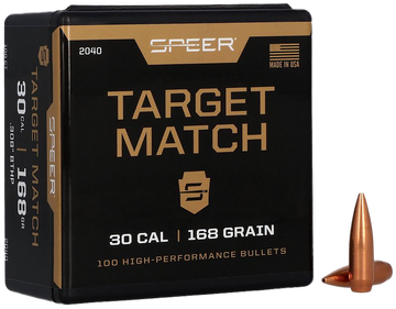 Speer Ammo 2040 Target Match .308 30 Cal 168gr Open Tip Match Boat Tail Reloading Bullets - 100/Box