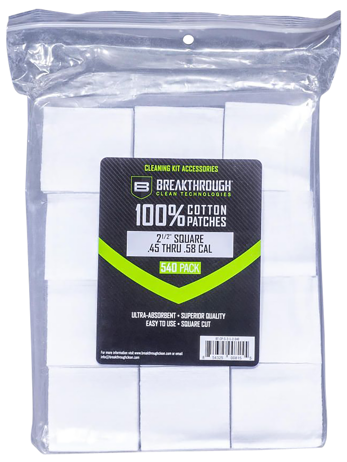 Breakthrough Clean Square Cotton Patches 2.5" .45-.58 Cal 540-Pack
