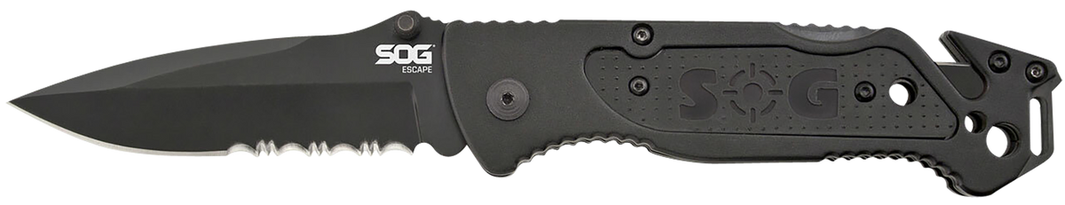 S.O.G Escape FF25-CP 3.40" Folding Clip Point Part Serrated 9Cr18MoV Black Aluminum Handle
