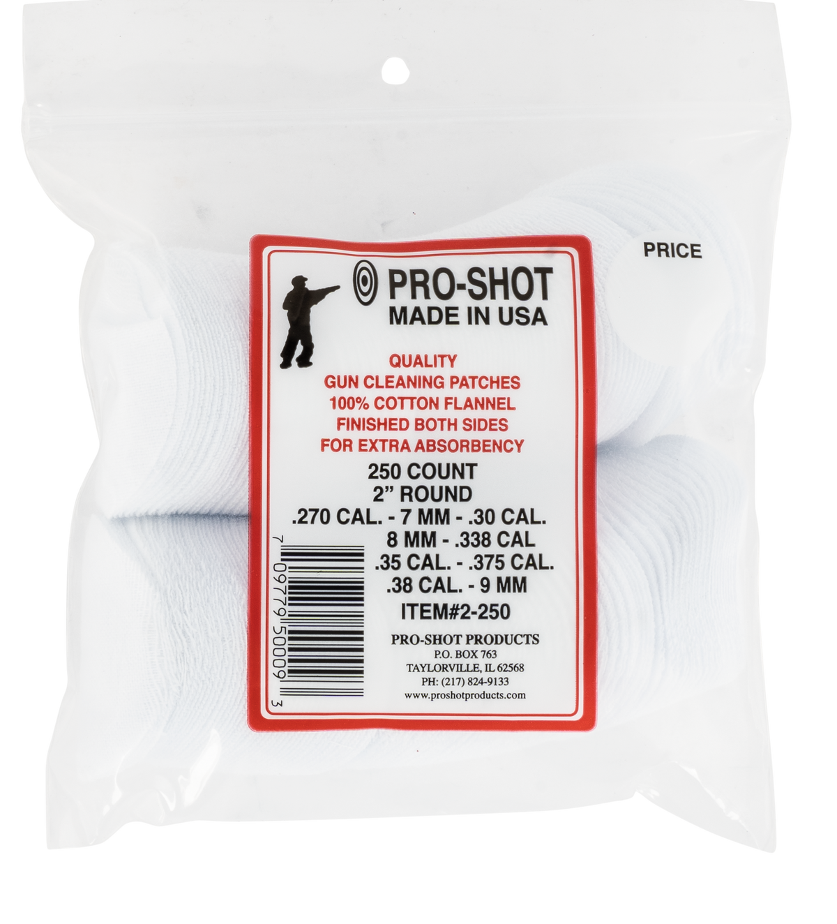 Pro-Shot 2250 Cleaning Patches .270 - .38 Cal 2" Round Cotton Flannel 250 Pack