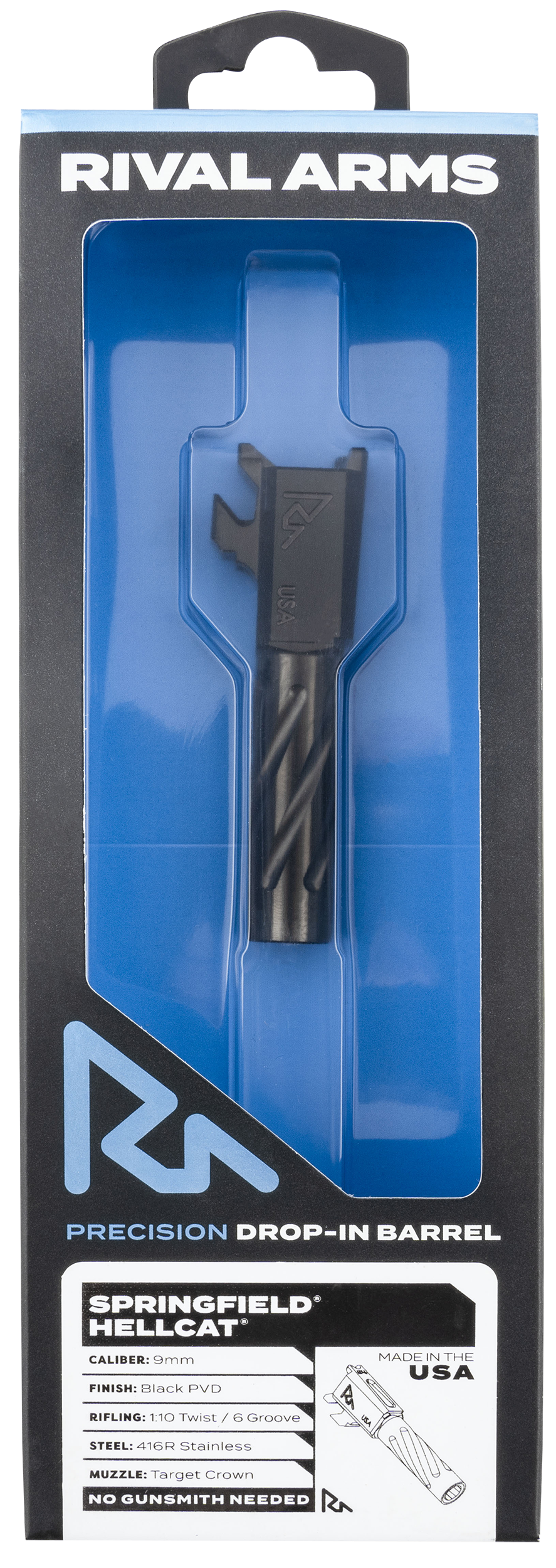 Rival Arms Precision V1 Match Grade Springfield Hellcat 9mm Luger Spiral Fluted Black PVD Stainless Steel Barrel