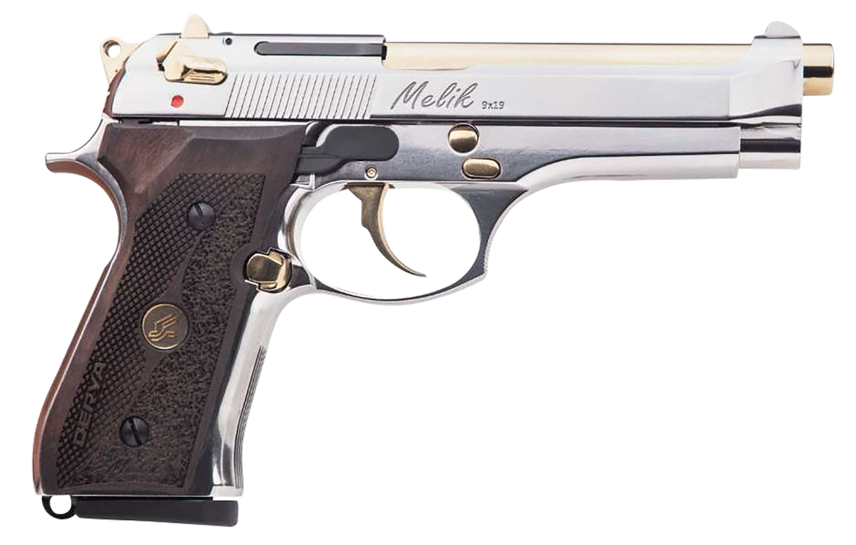 Derya Firearms Melik 9mm Luger 4.90" 17+1 DA/SA Semi-Auto Pistol - Gold TiN Barrel, Black Aluminum Frame