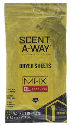 Scent-A-Way Max Dryer Sheets Odor Eliminator Odorless - 15 Per Pkg