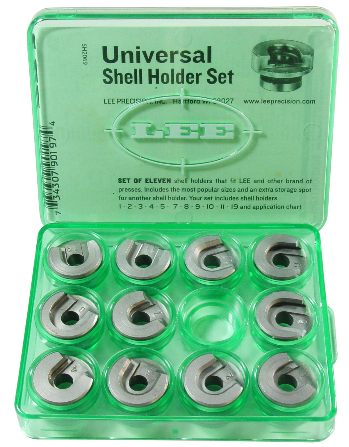 Lee Precision 90197 Universal Shell Holder Set - 11-Piece Green Storage Box
