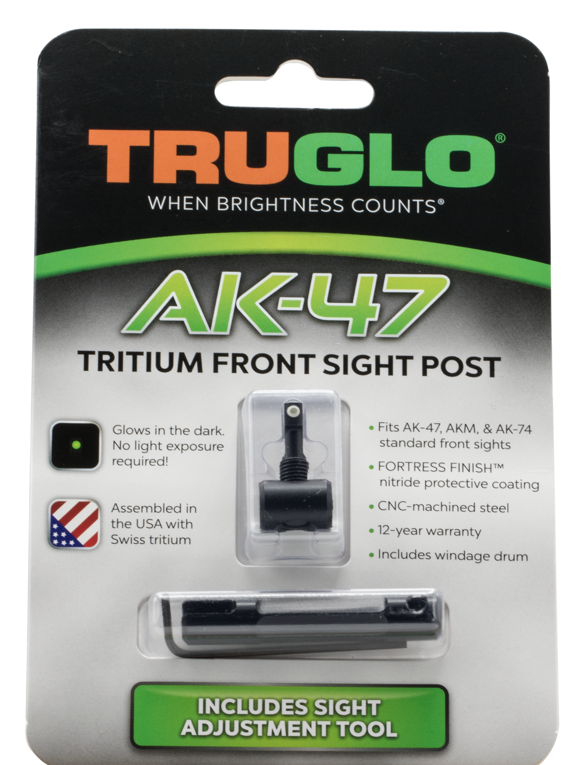TruGlo Tritium Front Sight for AK-47, AKM, AK-74 - Green/White