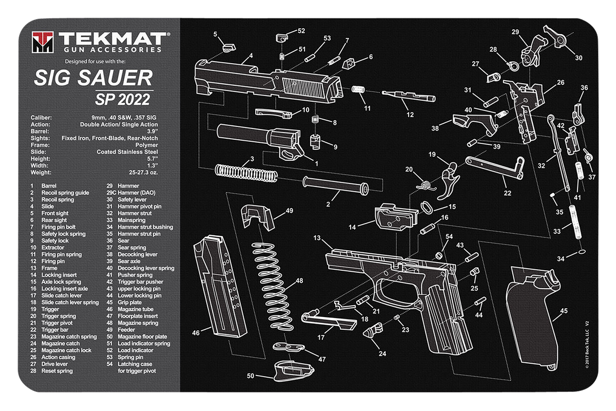 TekMat Sig Sauer SP2022 Cleaning Mat Black/Gray Rubber 11"x17" Parts Diagram