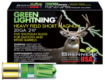 Brenneke Green Lightning Heavy Field Short Magnum 20 Gauge 2.75" 1 oz Slug 5 Rd - Box or Case
