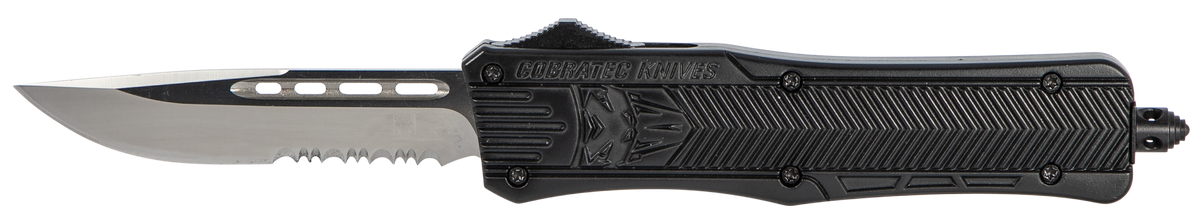 CobraTec Knives CTK-1 Medium 3" OTF Drop Point Part Serrated D2 Steel Black Aluminum Handle