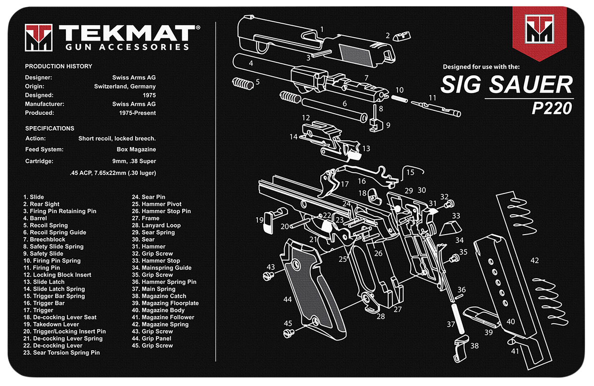 TekMat Sig Sauer P220 Cleaning Mat 11" x 17" Rubber - Black/White Parts Diagram