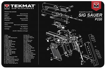 TekMat Sig Sauer P220 Cleaning Mat 11" x 17" Rubber - Black/White Parts Diagram