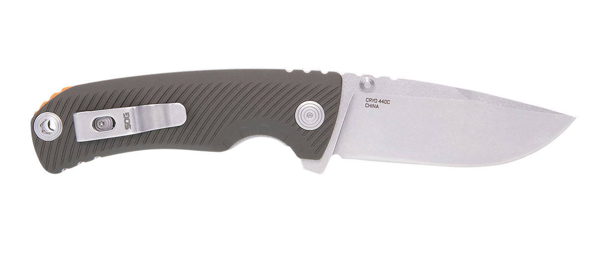 S.O.G Tellus ATK 3.50" Folding Clip Point Plain Stonewashed Cryo 440C SS - OD Green GRN Handle