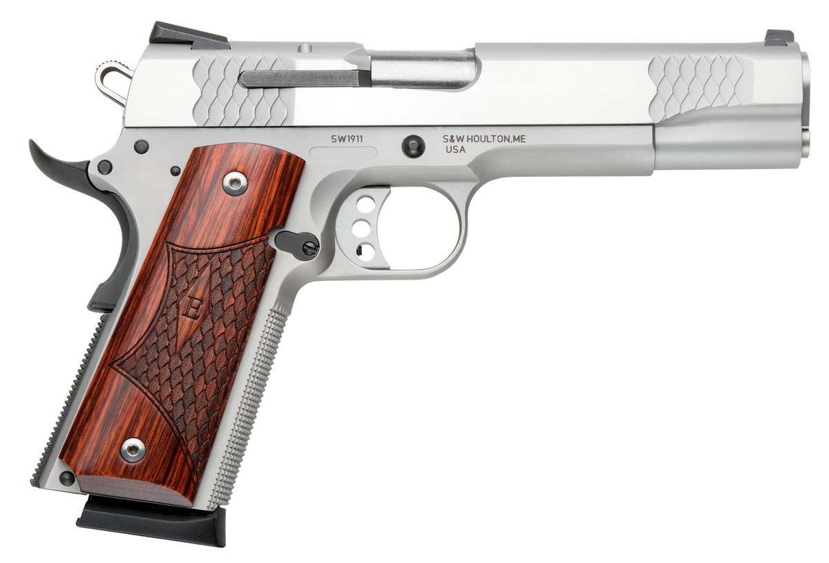 Smith & Wesson 1911 E-Series 45 ACP 5" 8+1 SAO Pistol - Satin Stainless Serrated Slide & Frame w/Laminate Wood Grips