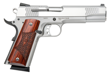 Smith & Wesson 1911 E-Series 45 ACP 5" 8+1 SAO Pistol - Satin Stainless Serrated Slide & Frame w/Laminate Wood Grips