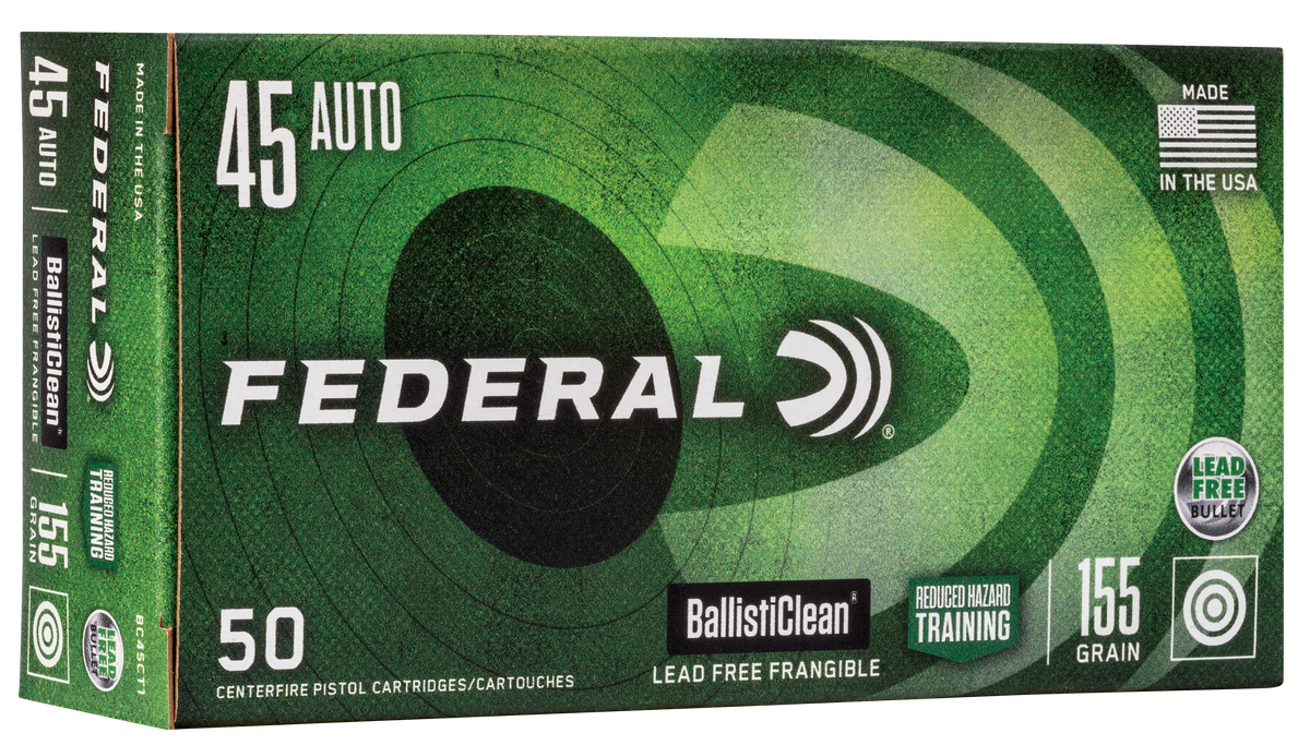 Federal BC45CT1 BallistiClean Reduced Hazard Training 45ACP 155gr Lead Free Frangible 50 Per Box/20 Case
