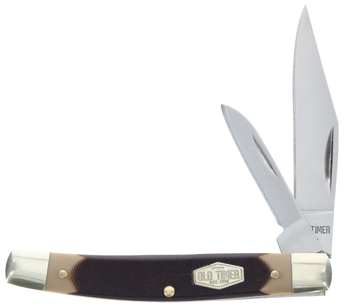 Old Timer Middleman Jack 2.50" Clip/Sheepsfoot Plain Stainless Steel Black/Tan Sawcut Bone Handle