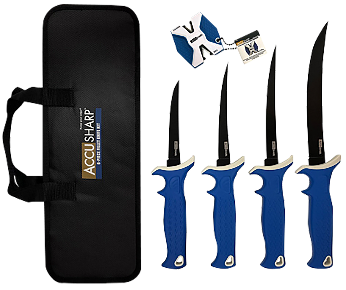 AccuSharp 737C 6-Piece Fillet Knife Kit 4.75/5.50/6.50/8" Fixed Plain Satin Stainless Steel Blue TPR - 2-Step Sharpener