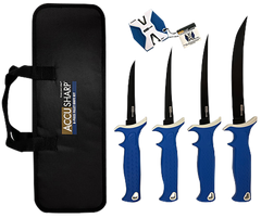 AccuSharp 737C 6-Piece Fillet Knife Kit 4.75/5.50/6.50/8" Fixed Plain Satin Stainless Steel Blue TPR - 2-Step Sharpener