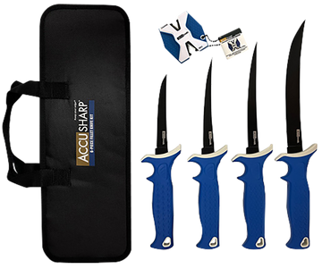 AccuSharp 737C 6-Piece Fillet Knife Kit 4.75/5.50/6.50/8" Fixed Plain Satin Stainless Steel Blue TPR - 2-Step Sharpener