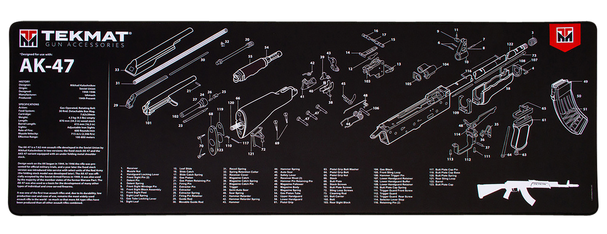 TekMat AK-47 Cleaning Mat 12"x36" Rubber Black/White with Parts Diagram