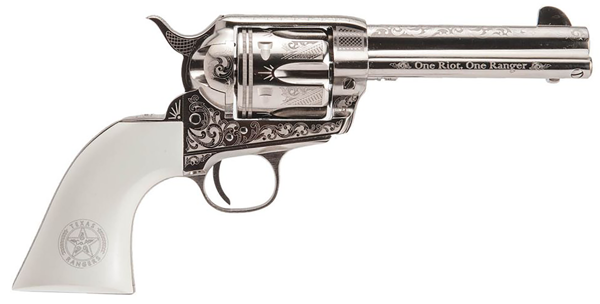 Cimarron Frontier Texas Ranger 45 Colt (LC) 4.75" 6-Shot SAO Revolver - Nickel-Plated Engraved