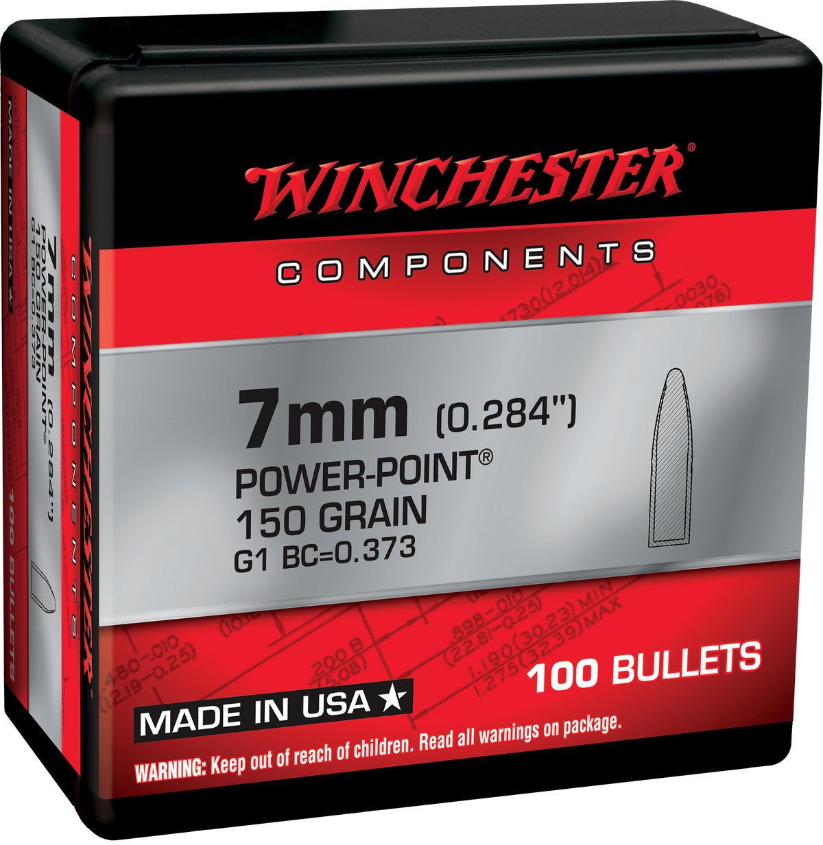 Winchester Ammo Power-Point 7mm 150gr Reloading Bullets - 100/Box