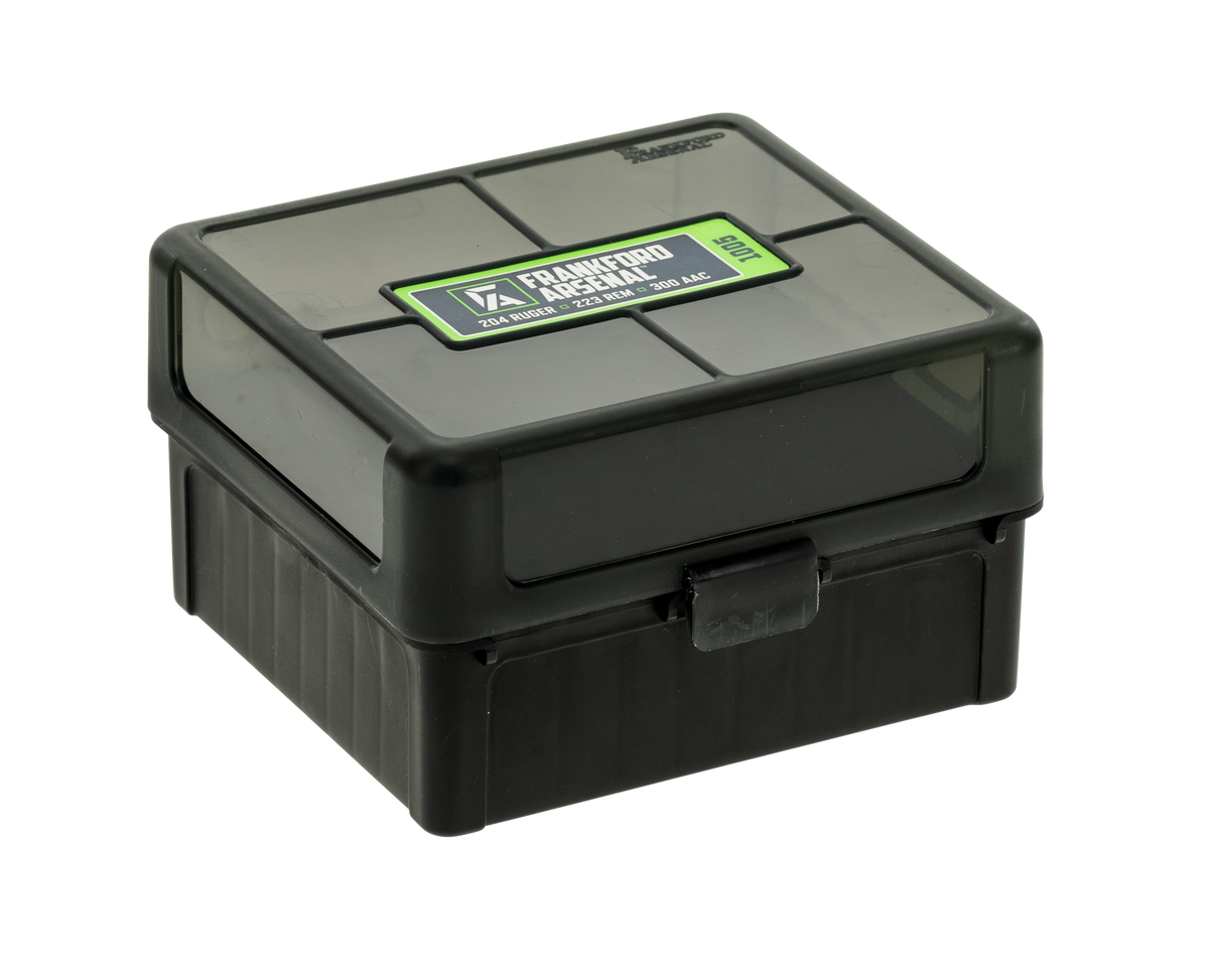 Frankford Arsenal Hinge-Top Ammo Box 100-Round 204 Ruger / 223 Rem / 300 Win Mag Black Polymer